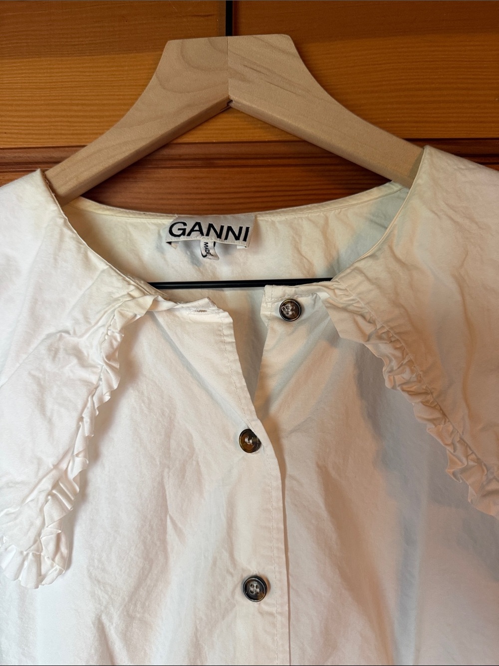 Ganni White Ruffle Collar Button-Down Blouse - Picture 2 of 5